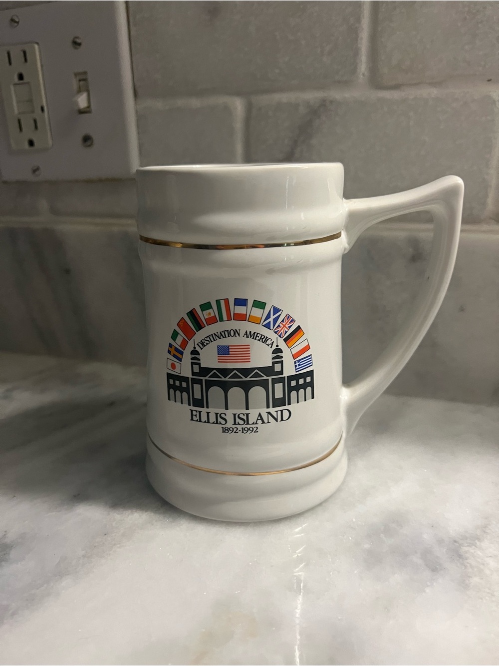 Ellis Island White Ceramic Stein with Gold Trim